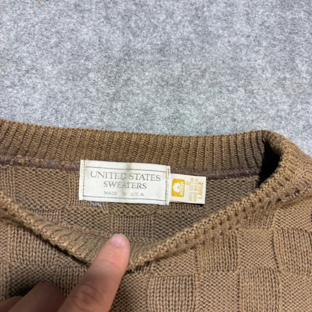 United States Sweaters Mens Large Brown Cotton Basketweave Crewneck USA Made